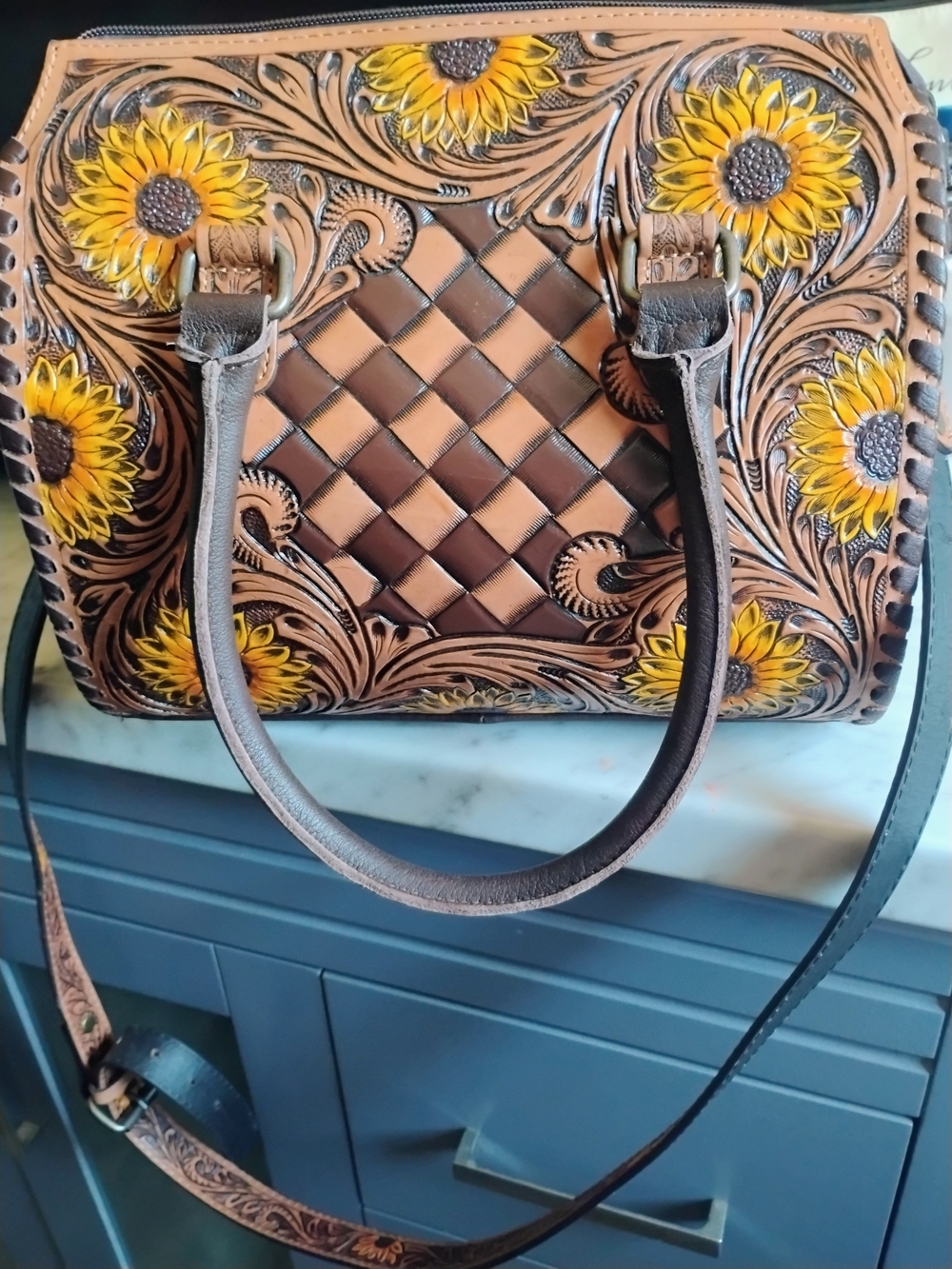 Hand-Tooled Sunflower Leather Satchel Bag - Brown & Yellow